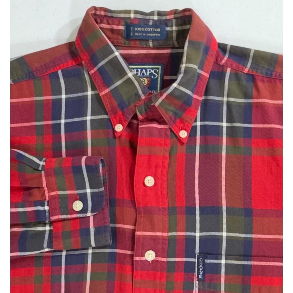Chaps Ralph Lauren Button Down Shirt Medium Red Plaid Vintage 80s Classic Retro